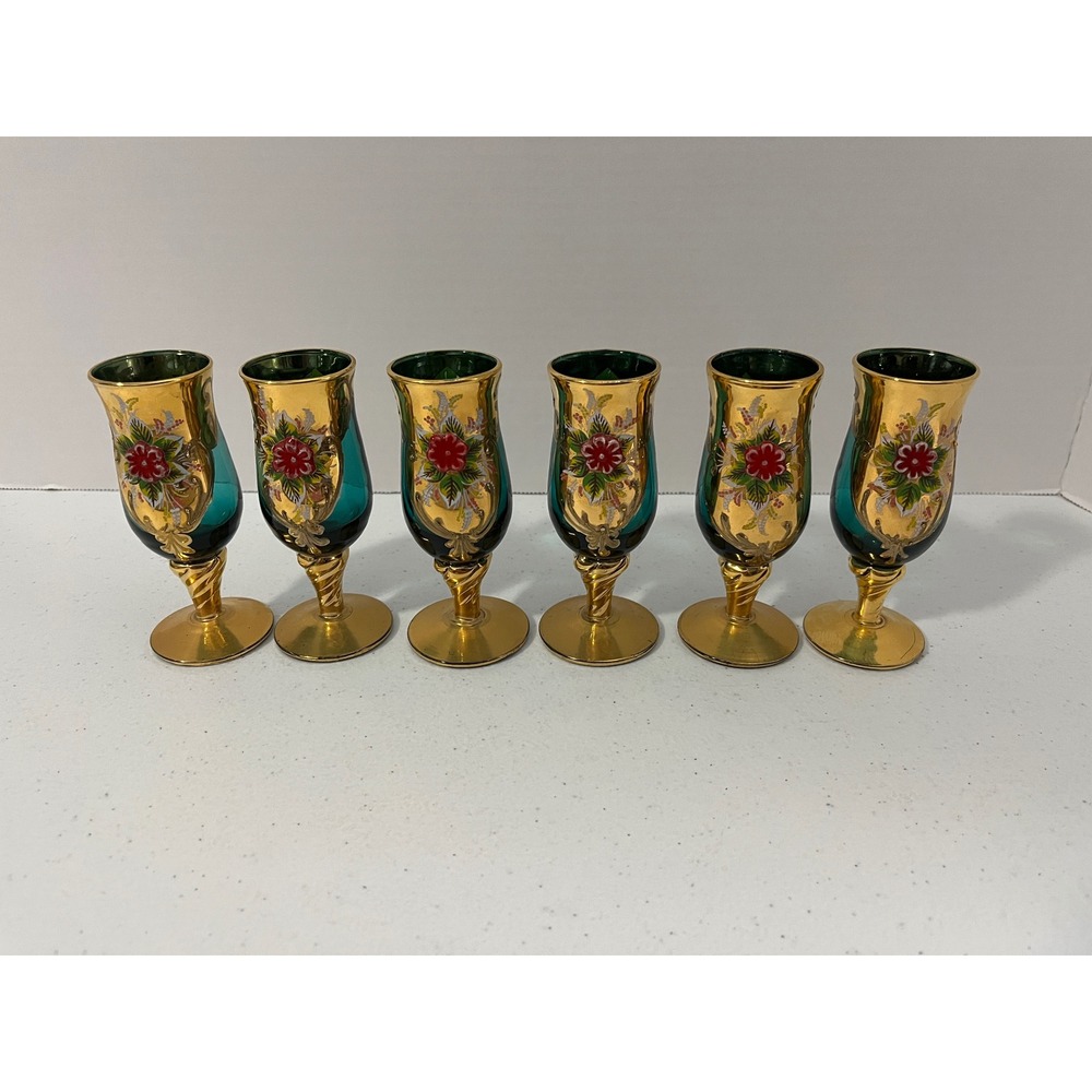 Vintage Murano Venetian hand-painted floral cordial glasses with gold gilt.